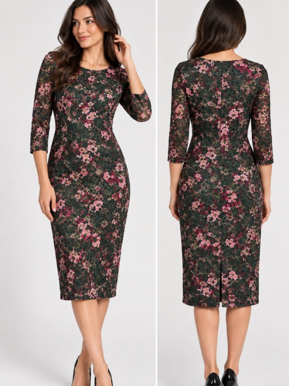 Kensie Women’s Size 14 Floral Lace Sheath Dress Green Pink Stretch Midi